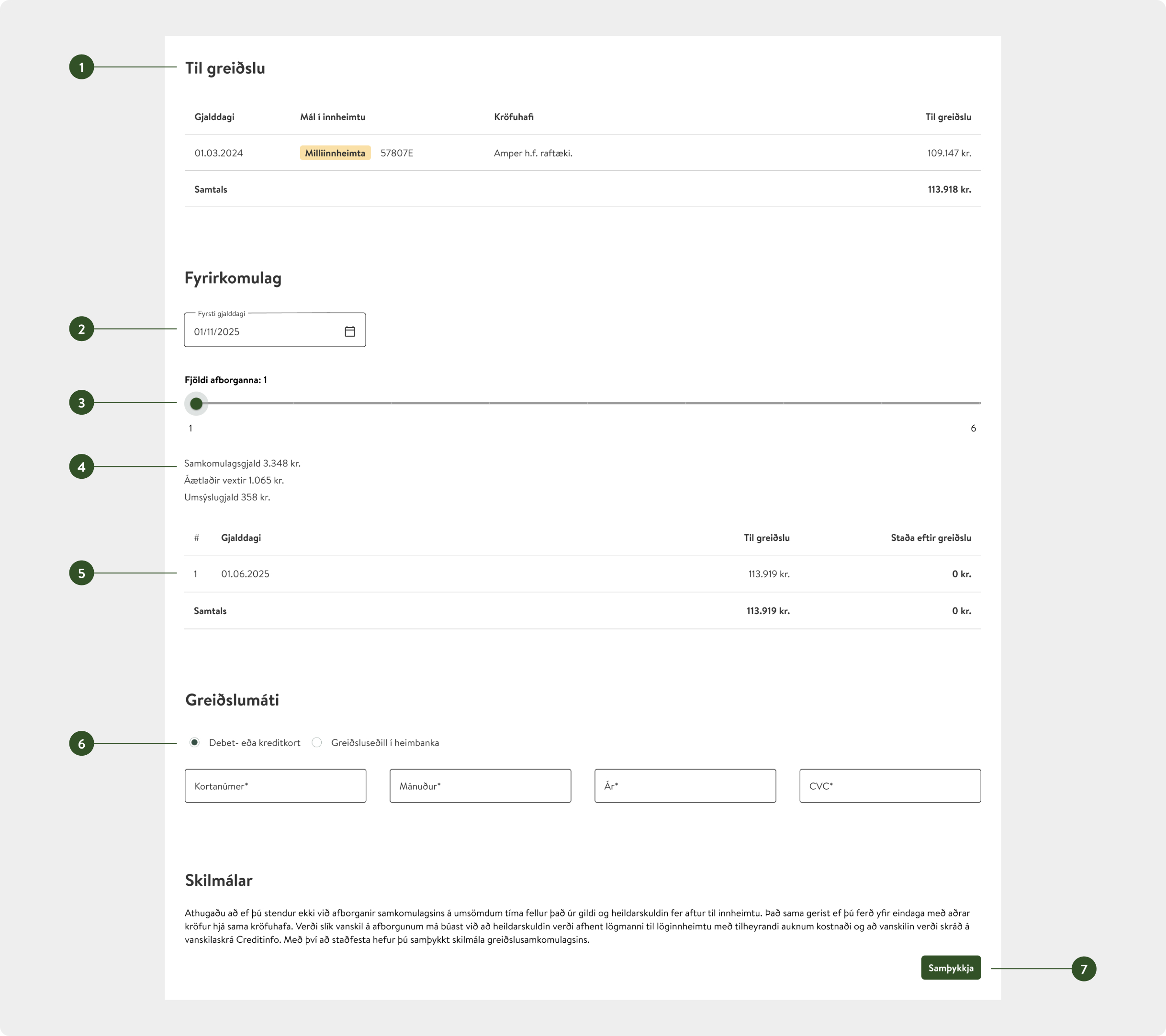 Image that explains the payment agreement interface